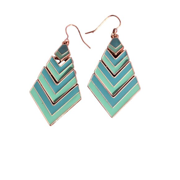 Vintage Turquoise Silver Tone Geometric Chevron Dangle Earrings Articulated 2.5" - Picture 1 of 5